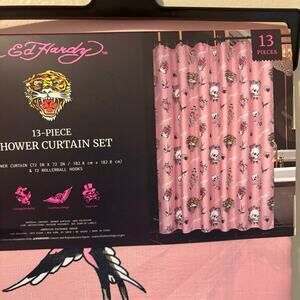 Ed Hardy Pink Tattoo Print 13-Piece Shower Curtain Set - NIP